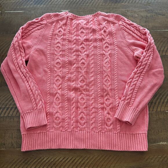 LL Bean Double Cable Knit Crew Neck Sweater Peach Pink Chunky Fisherman Style XL - Picture 2 of 9